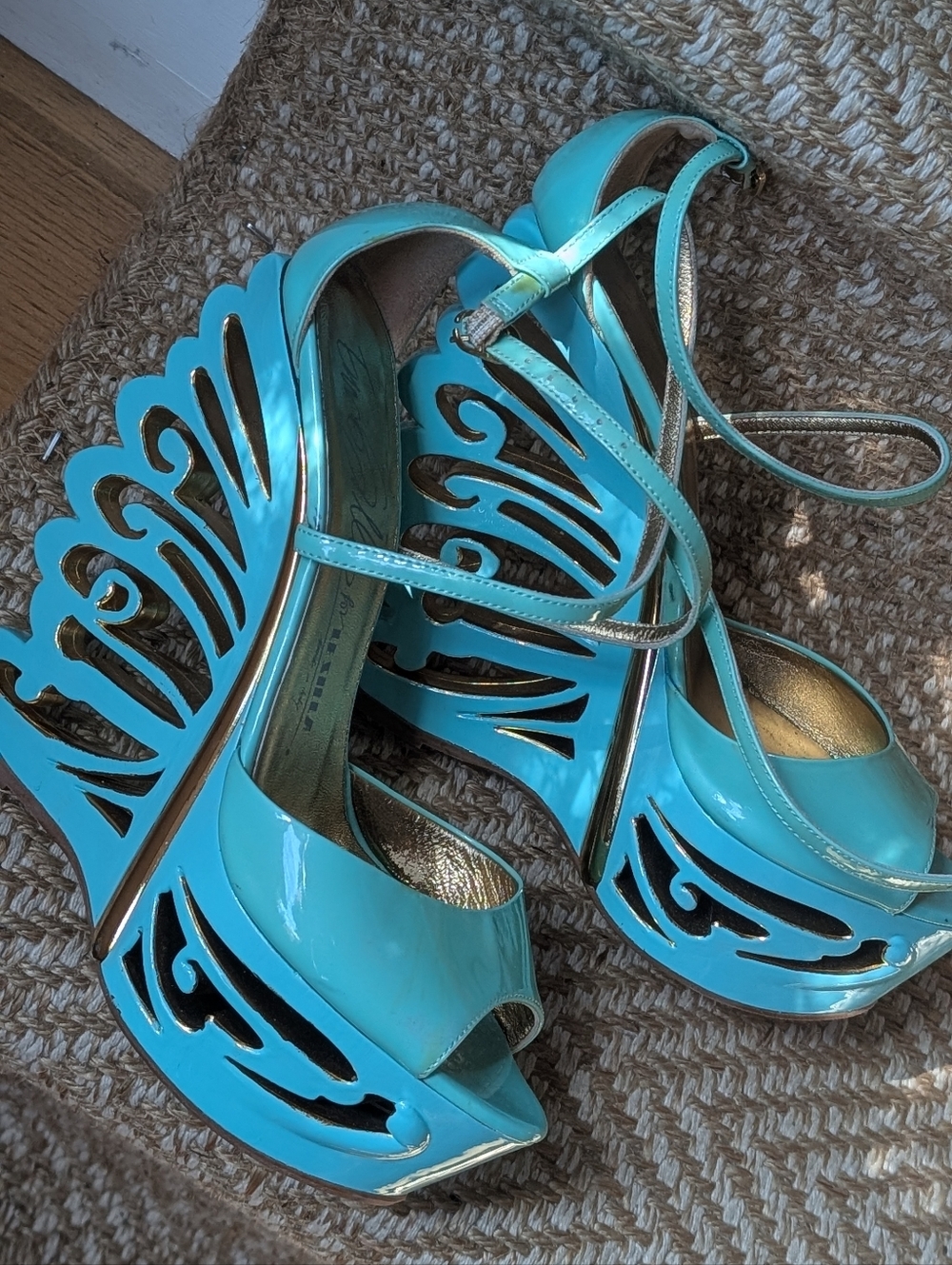 LE Sila Butterfly Turquoise Cutout Platform Heels - Women Shoes